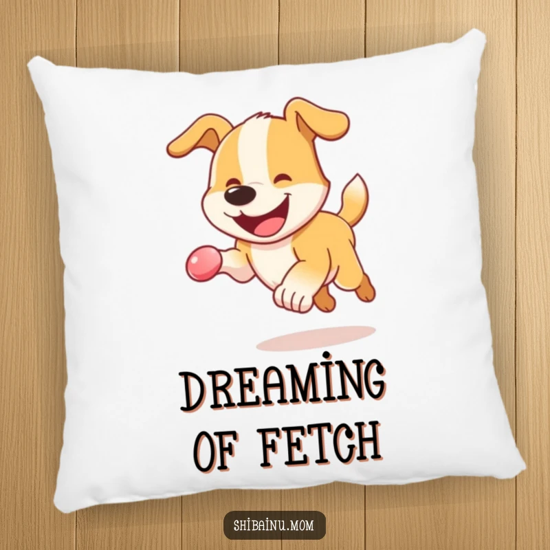Funny Dog Pillow: A happy, grinning dog energetically bounding after a bouncy sphere, bringing fun to any room.