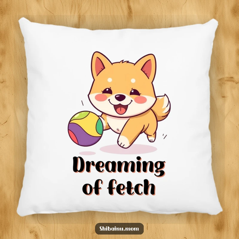 Funny Kawaii Shiba Inu pillow featuring a cute puppy mid-play, joyfully chasing a colorful bouncy ball for ultimate comfort.