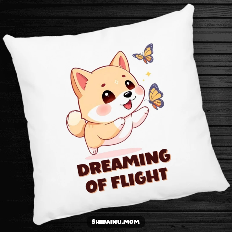 Funny Shiba Inu pillow featuring sparkling eyes focused on a butterfly, bringing a sense of joyful pursuit and comfort.