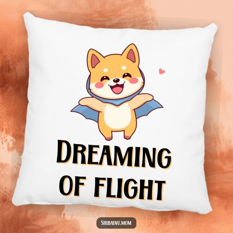 Funny Shiba Inu dog pillow design, a joyful Shiba Inu with a tiny cape, flying through the air, bringing comfort.
