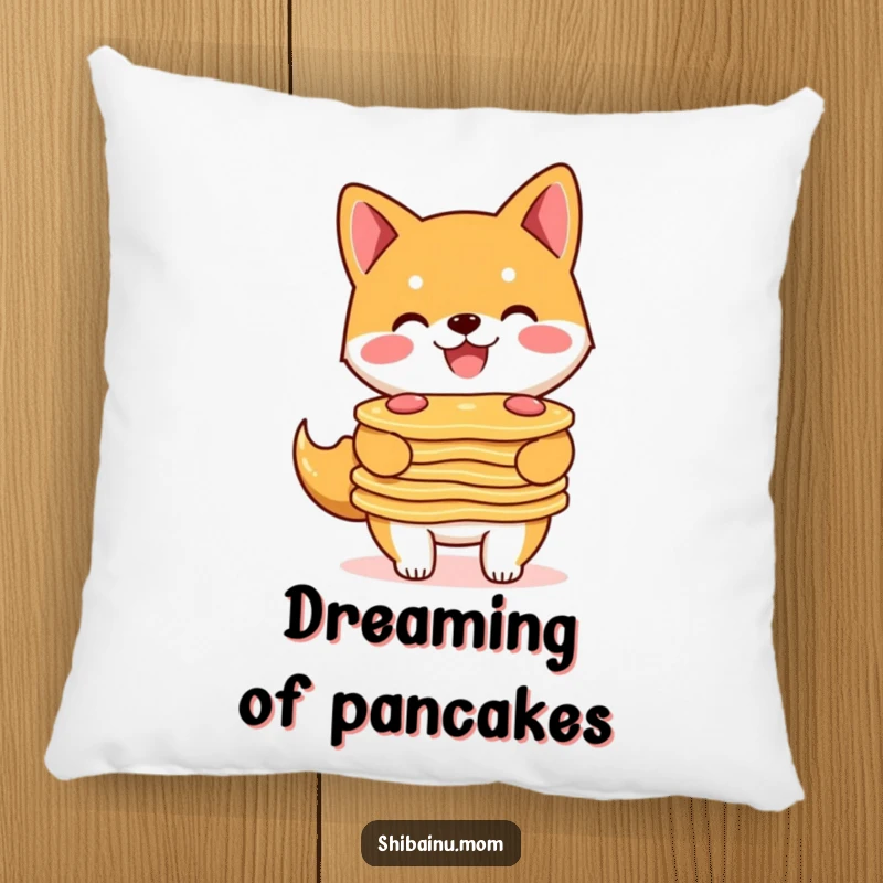 Funny Shiba Inu pillow featuring a smiling doggle happily holding a stack of delicious pancakes, perfect for lounging.
