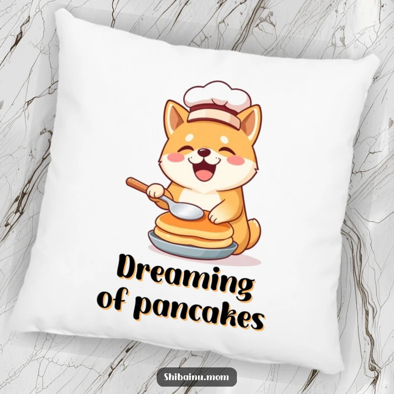 Funny Shiba Inu chef pillow, depicted with a chef hat and a pancake mid-flip, bringing cozy culinary humor to any room.