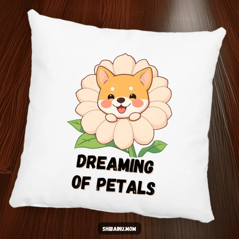 Funny Shiba Inu peeking pillow, a cute dog peeks from a large, happy flower, soft and humorous decorative cushion.