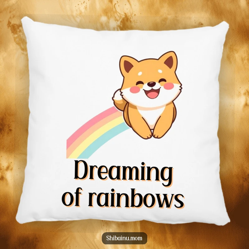 Funny Shiba Inu Pillow: A Shiba Inu with a wide smile slides down a rainbow, bringing soft, magical comfort.
