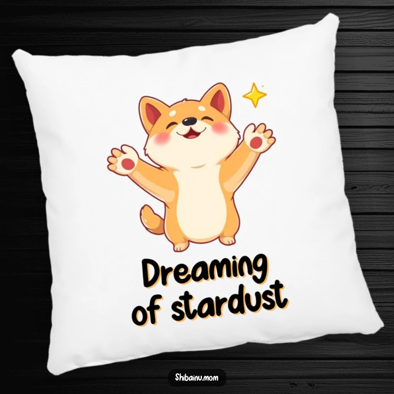 Funny Shiba Inu pillow with paws outstretched, reaching for a falling star, bringing a sense of magical comfort and hope.