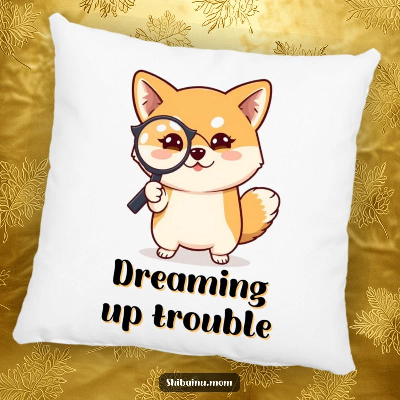 Funny Shiba Inu dog pillow design, a mischievous Shiba Inu holding a magnifying glass, bringing a cozy detective vibe.