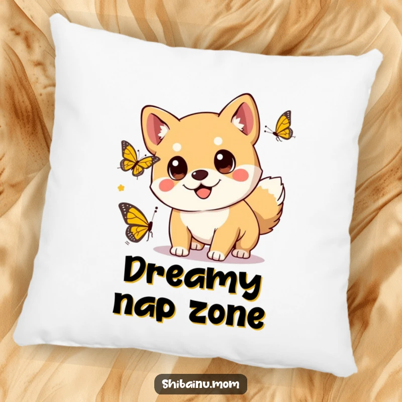 Funny kawaii Shiba Inu dog with big eyes chasing a butterfly, creating a soft and cute accent on a pillow.