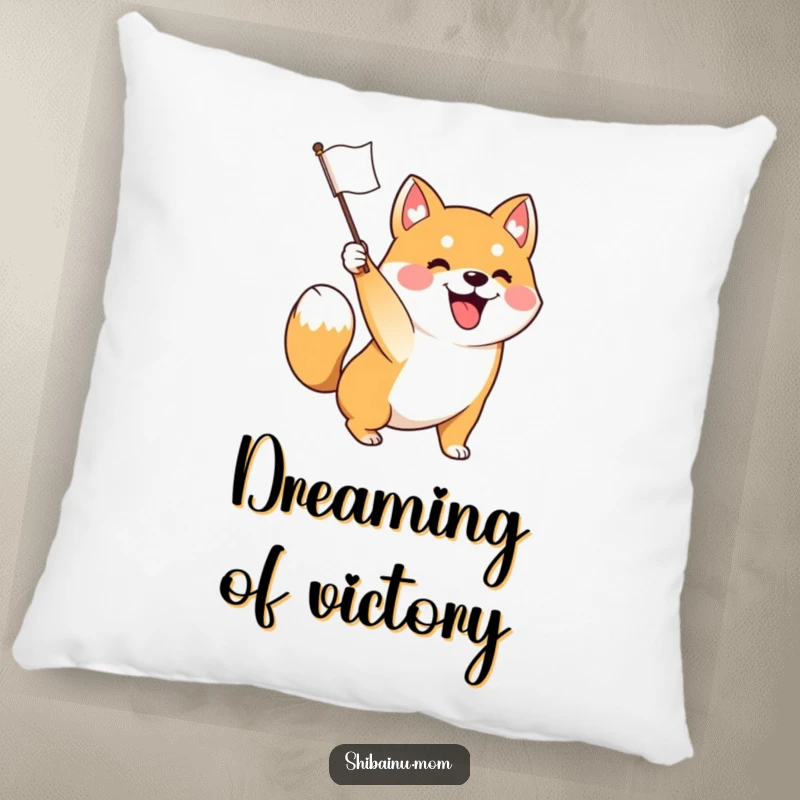 Funny pillow featuring an excited Shiba Inu dog waving a flag, tail wagging, offering comfort and a cheerful touch of festive spirit.