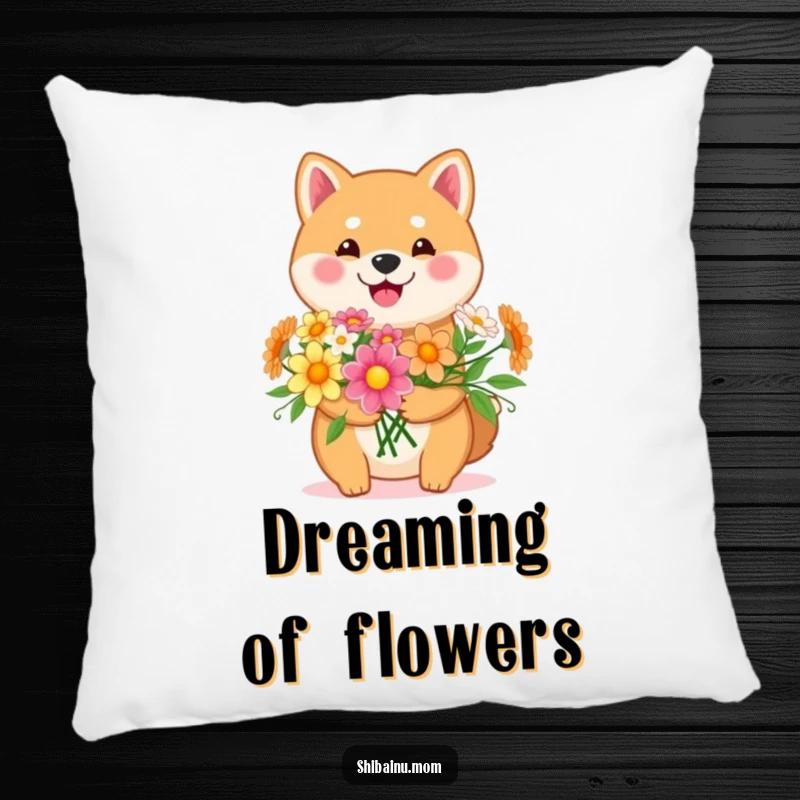 Funny Kawaii Shiba Inu pillow with a happy dog holding a bouquet of cheerful flowers. Soft and cute, ideal for a sweet and funny gift.