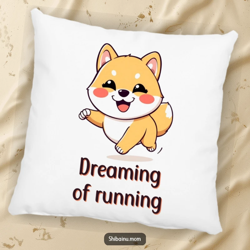Funny Kawaii Shiba Inu pillow with a goofy dog running joyfully. Soft and huggable, ideal for a cute and funny gift.