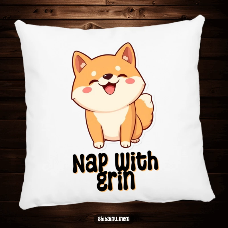 Funny Kawaii Shiba Inu pillow featuring a silly grinning dog in a playful pose, perfect for adding comfort and humor.