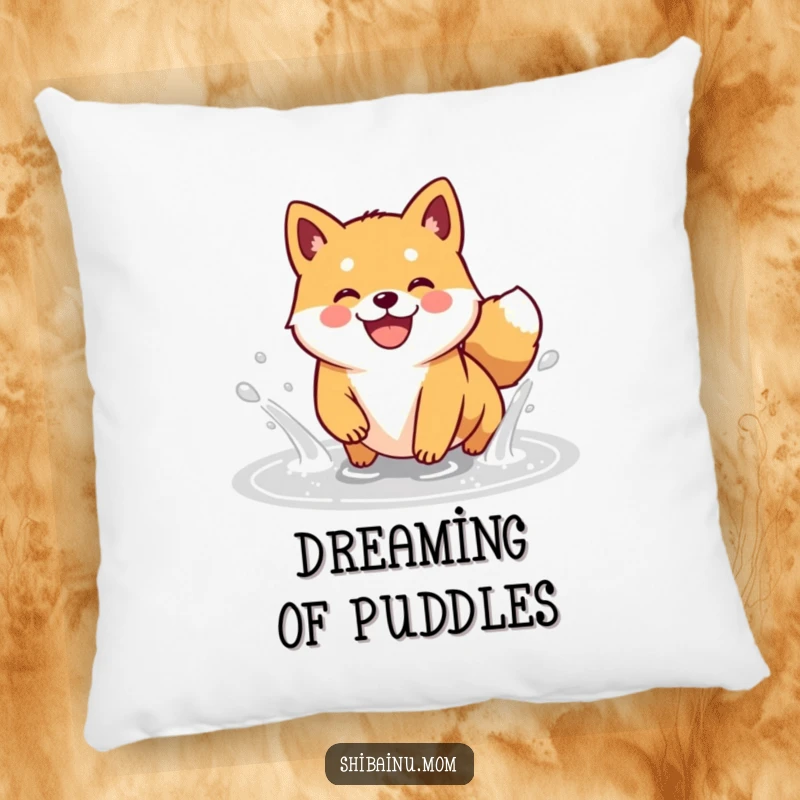 Funny Kawaii Shiba Inu pillow featuring a happy doggle caught mid-splash in a puddle, radiating pure joy with its grin.