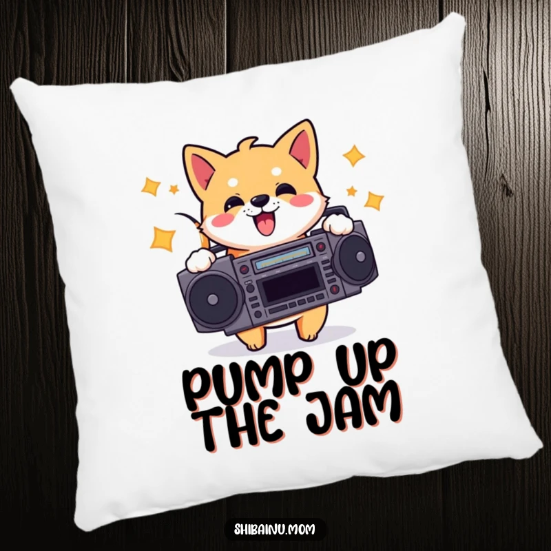 Funny pillow featuring an energetic Shiba Inu holding a boombox and bopping its head, offering a soft, musical, and humorous accent.