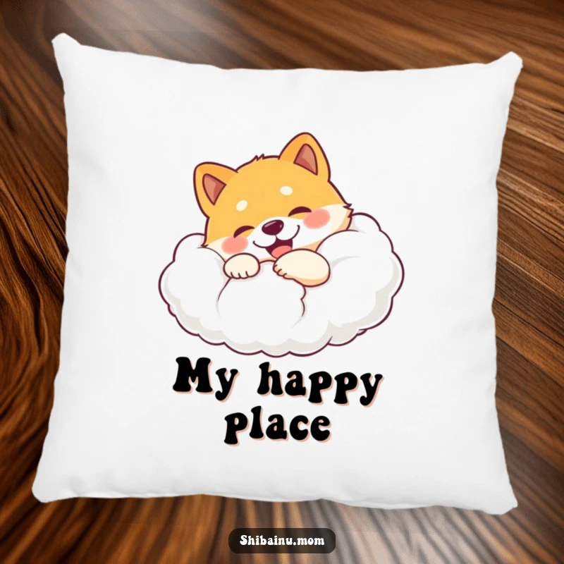 Funny Shiba Inu pillow showing a contented dog hugging a massive, soft cloud with a look of pure, happy bliss.