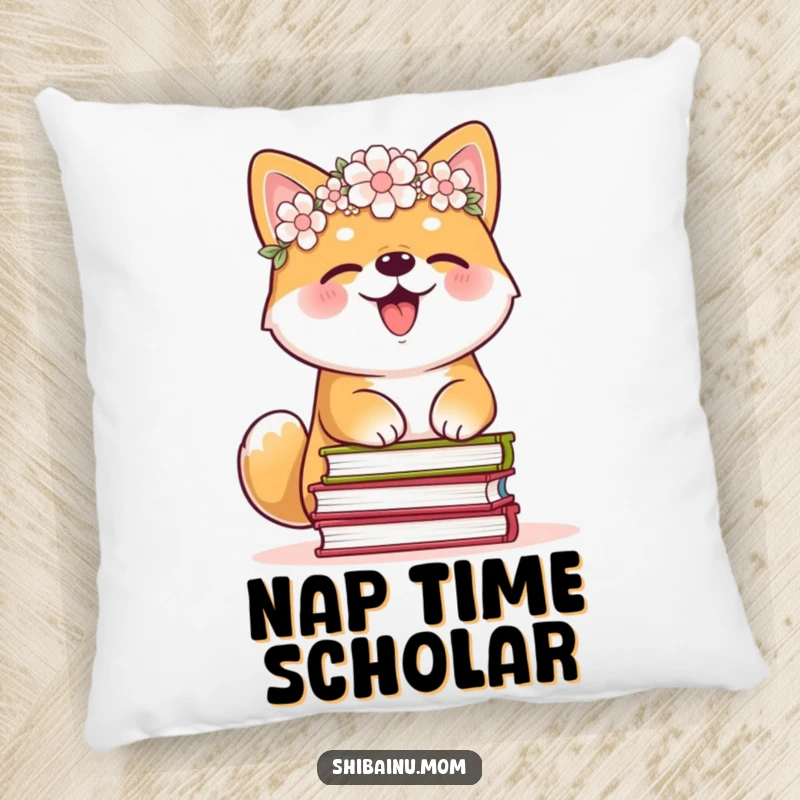 Funny Shiba Inu pillow, flower crown, giggling while balancing books, soft and humorous home decor item, ideal funny gift for comfort.