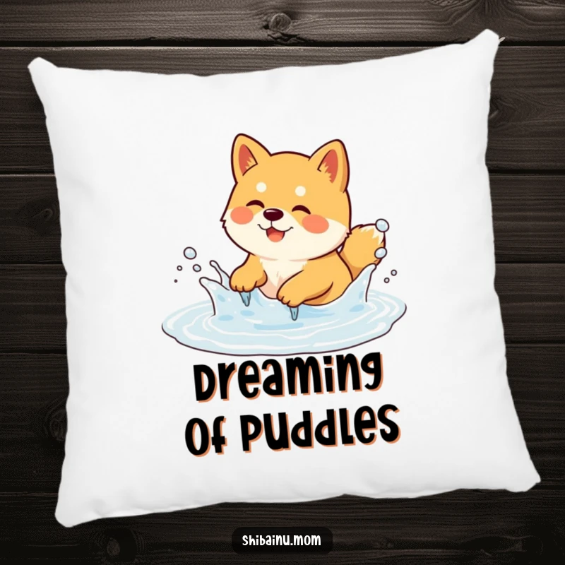 Funny Shiba Inu Pillow showing a dog happily splashing in a bubbly puddle. Soft, comfortable, and amusing, a funny gift.
