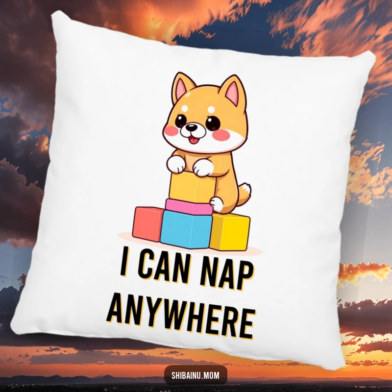 Funny Shiba Inu Pillow showing a dog balancing a stack of wobbly blocks. Soft, comfortable, and amusing, a funny gift.