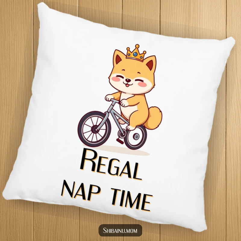 Funny Shiba Inu unicycle pillow, a crowned dog winks while riding a unicycle, soft and humorous decorative cushion.