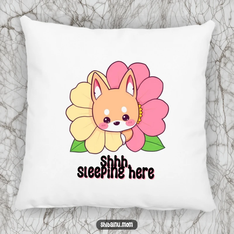 Funny Shibainu pillow featuring a dog peeking from behind a flower, offering comfort and playful charm.