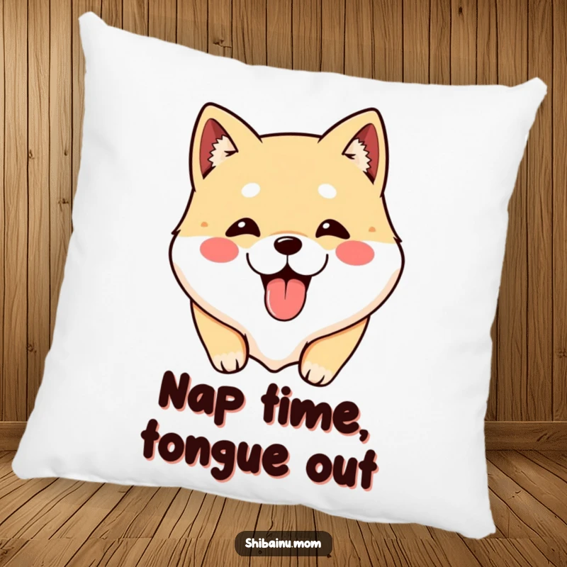 Funny Shibainu pillow with a kawaii dog face and tongue sticking out, offering comfort and a dose of humor.