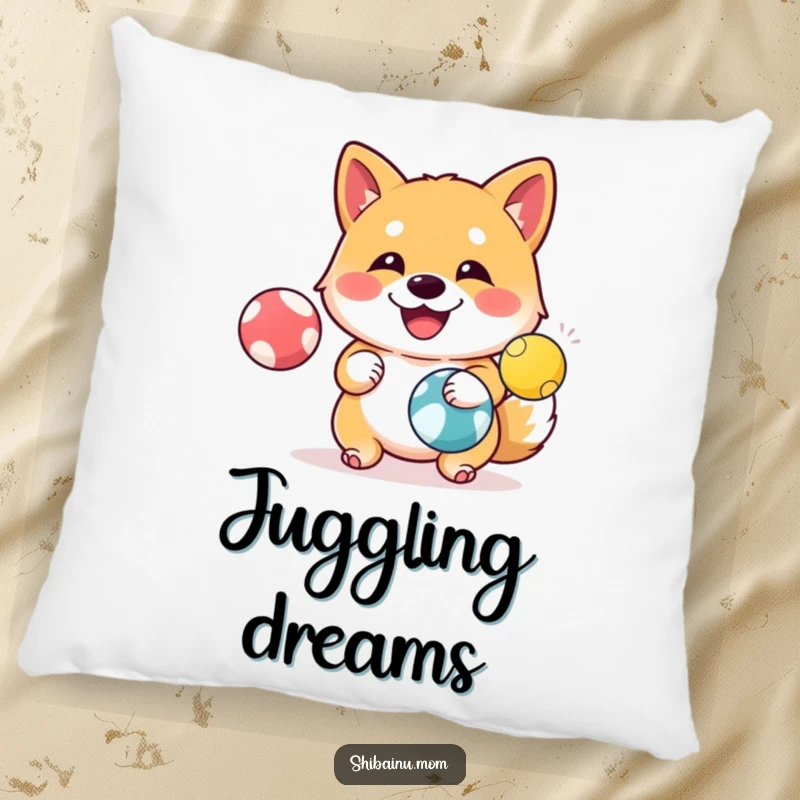 Funny Shiba Inu Pillow: A happy Shiba Inu juggles colorful balls, bringing a soft touch of impressive amusement.