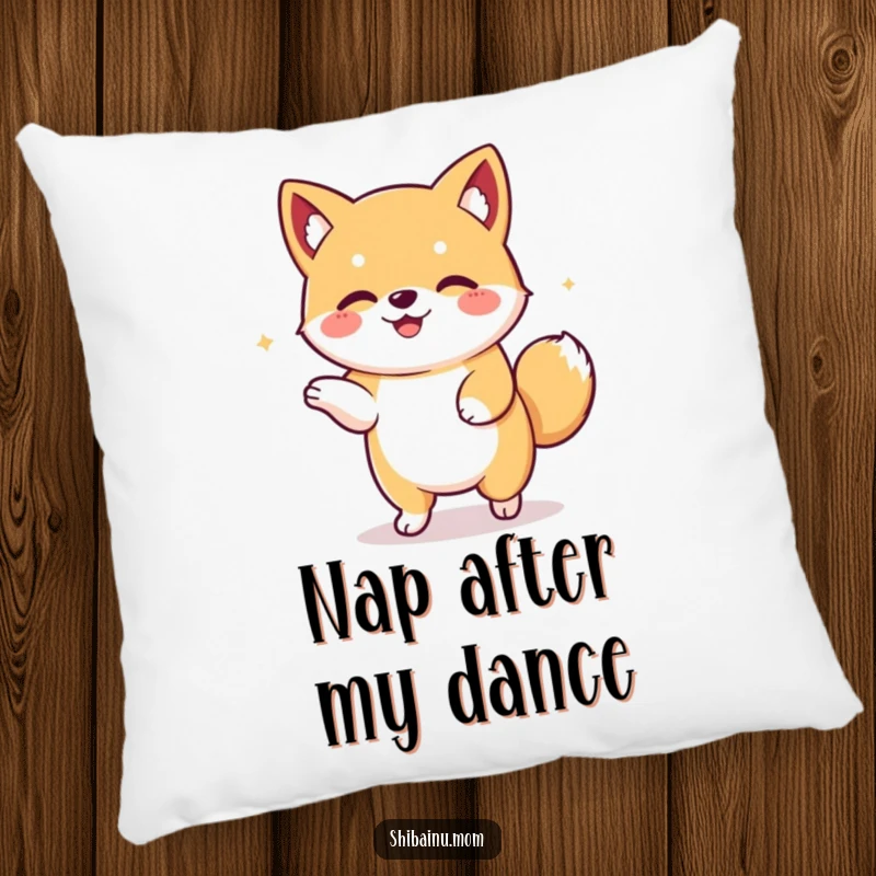 Funny Kawaii Shiba Inu pillow with a floppy-eared dog in a happy dance pose. Soft and decorative, perfect for a cute and funny gift.