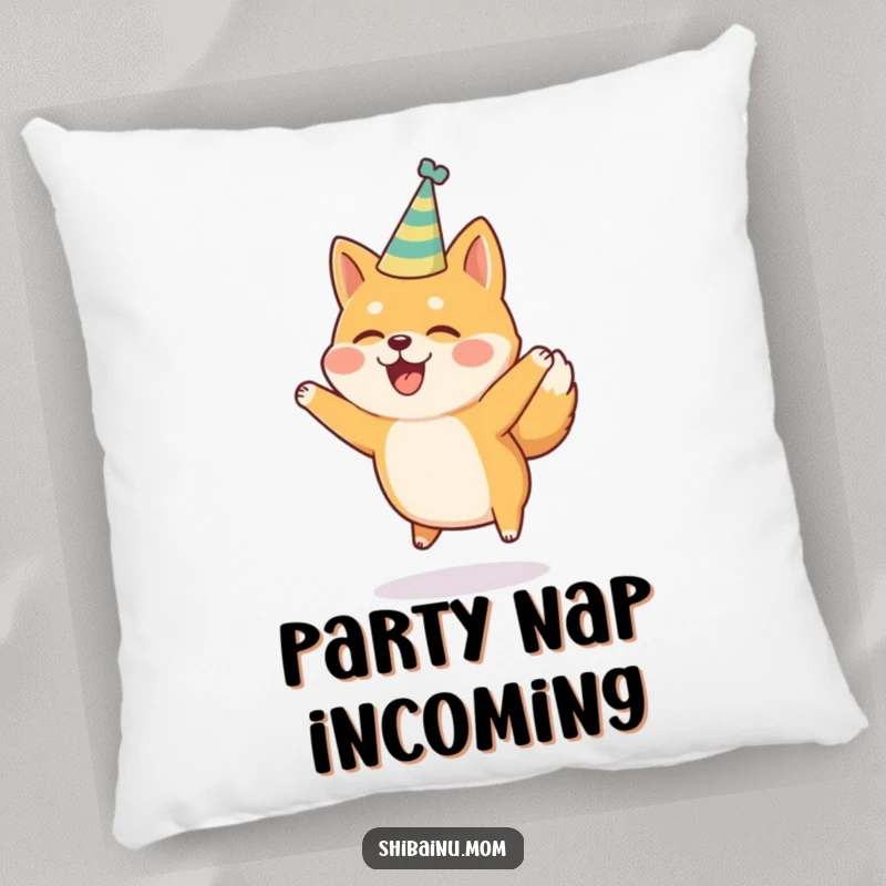 Funny Shiba Inu Pillow: A Shiba Inu in a party hat jumps with pure joy, bringing a soft touch of celebration.