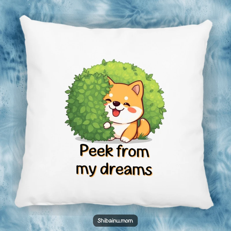 Funny Kawaii Shiba Inu pillow with a giggling dog peeking playfully from behind a bush. Soft and cute, ideal for a playful funny gift.