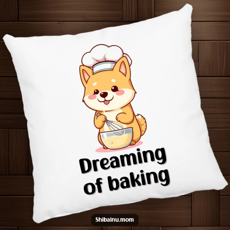 Funny Shiba Inu dog wearing a chef hat and whisking batter, creating a soft and culinary accent on a pillow.