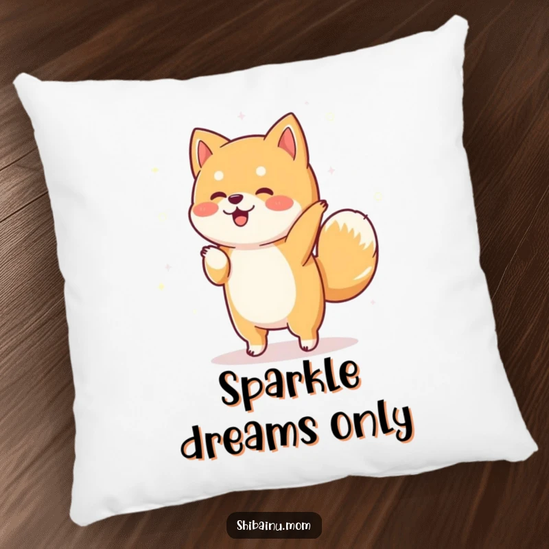 Funny Shiba Inu pillow depicting a dog dancing joyfully amidst magical sparkles, offering soft comfort and a whimsical touch.