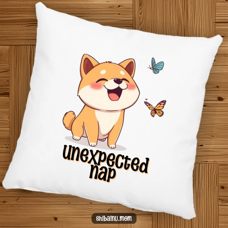 Funny pillow featuring a surprised Shiba Inu dog giggling at a falling butterfly, offering comfort and a touch of whimsical amusement.