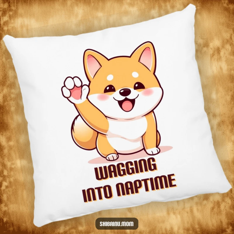 Funny Shiba Inu pillow depicting an excited dog waving its paw with its tail wagging rapidly, offering soft comfort and cheer.
