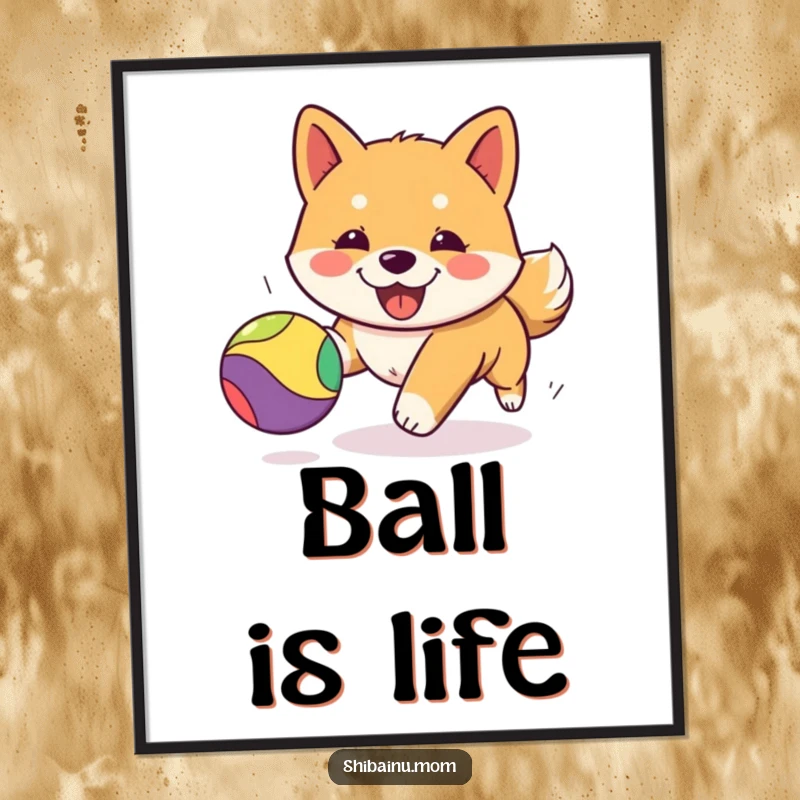Funny Kawaii Shiba Inu digital art print of an energetic puppy joyfully pursuing a colorful bouncing ball, ready for instant download.
