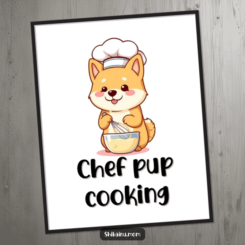Funny Shiba Inu dog wearing a chef hat and whisking batter, high-resolution digital art print, ready for display.
