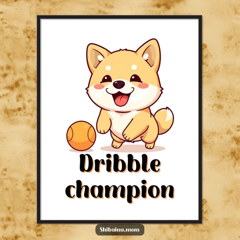 Funny Shiba Inu dribbling ball digital art, an energetic dog plays with a ball, printable artwork with sporty humor.