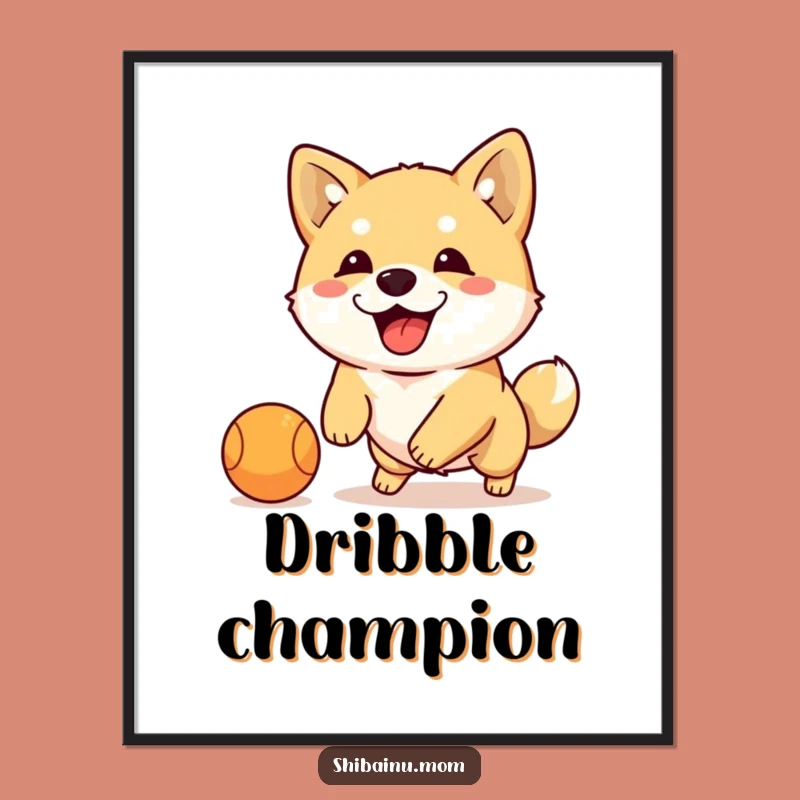 Funny Shiba Inu Dribbling Ball Digital Art: Action Dog Print, Hilarious Gift