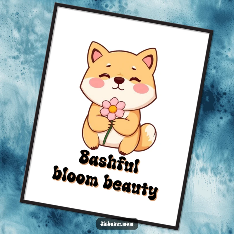Funny Shiba Inu digital art of a bashful dog with rosy cheeks shyly offering a flower, conveying tender affection and sweetness.
