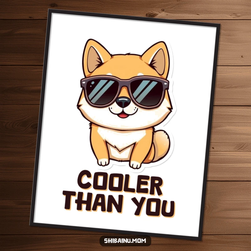 Funny digital art print of a cool Shiba Inu dog in oversized sunglasses, radiating confidence and style, ideal for instant humorous wall decor.