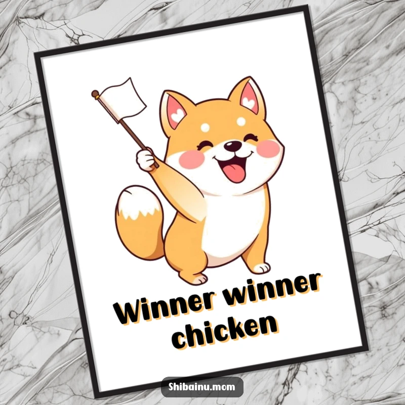 Funny digital art print of an excited Shiba Inu dog waving a tiny flag, tail wagging furiously, ideal for instantly adding festive humor.