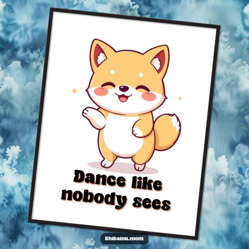 Funny Kawaii Shiba Inu digital art print of a happy, floppy-eared dog dancing. High-resolution artwork for cheerful and funny home decor.