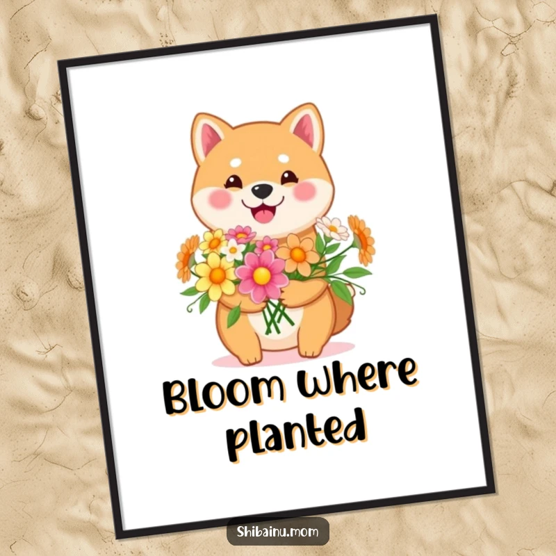 Funny Kawaii Shiba Inu digital art print of a happy dog holding a bouquet of flowers. High-resolution artwork for cheerful and funny home decor.
