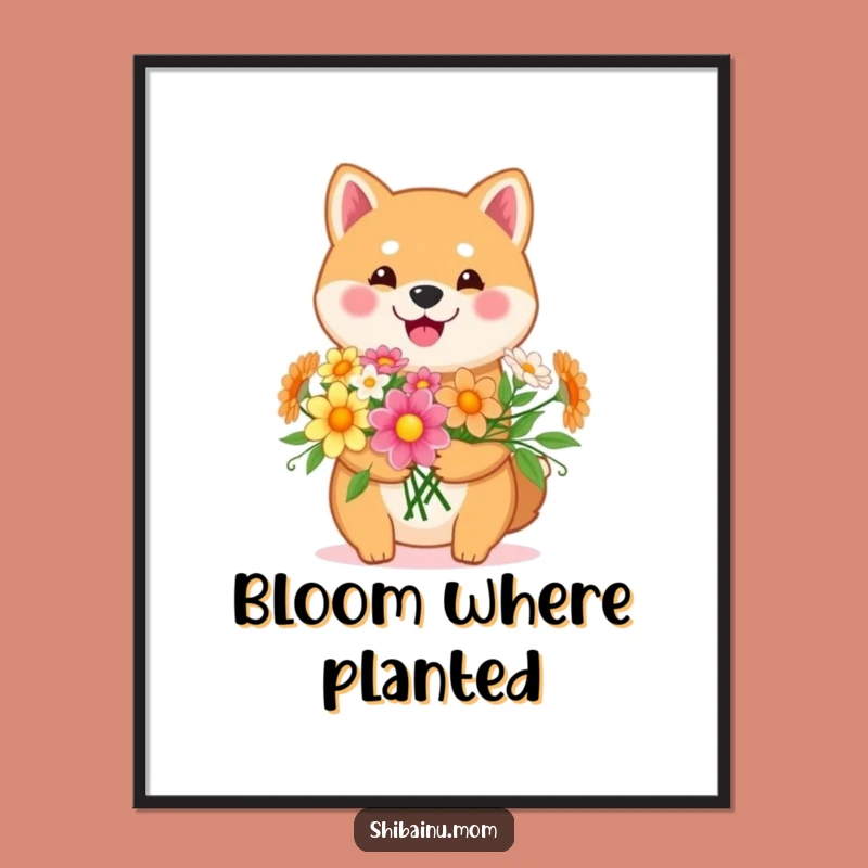 Funny Kawaii Shiba Inu Flower Digital Art: Happy Pup with Bouquet for Decor!