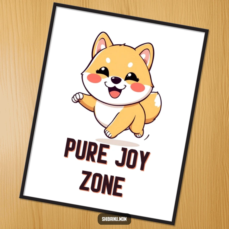 Funny Kawaii Shiba Inu digital art print of a goofy dog running with pure joy. High-resolution artwork for cheerful and funny home decor.
