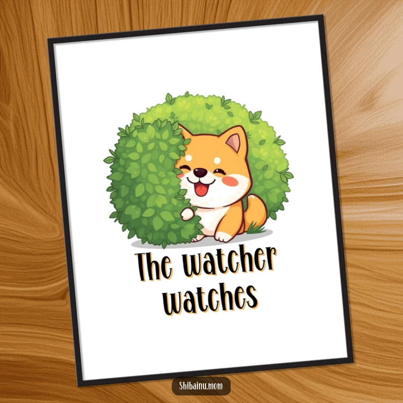 Funny Kawaii Shiba Inu digital art print of a giggling dog peeking playfully from behind a bush. High-resolution artwork for a cute and funny gift.