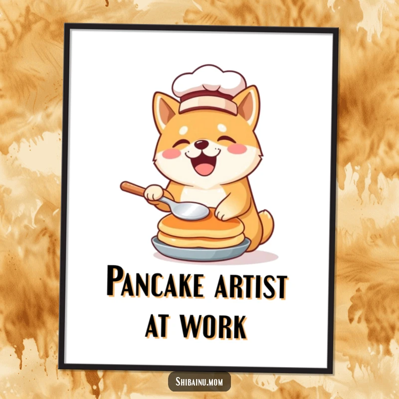 Funny Shiba Inu chef digital art print, wearing a hat and joyfully flipping a pancake, bringing culinary humor to digital spaces.