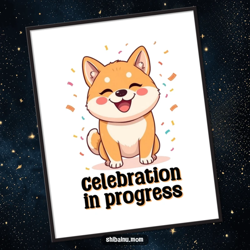 Funny digital art print of a mischievous Shiba Inu throwing confetti, offering an instant, festive, and humorous wall decor solution.