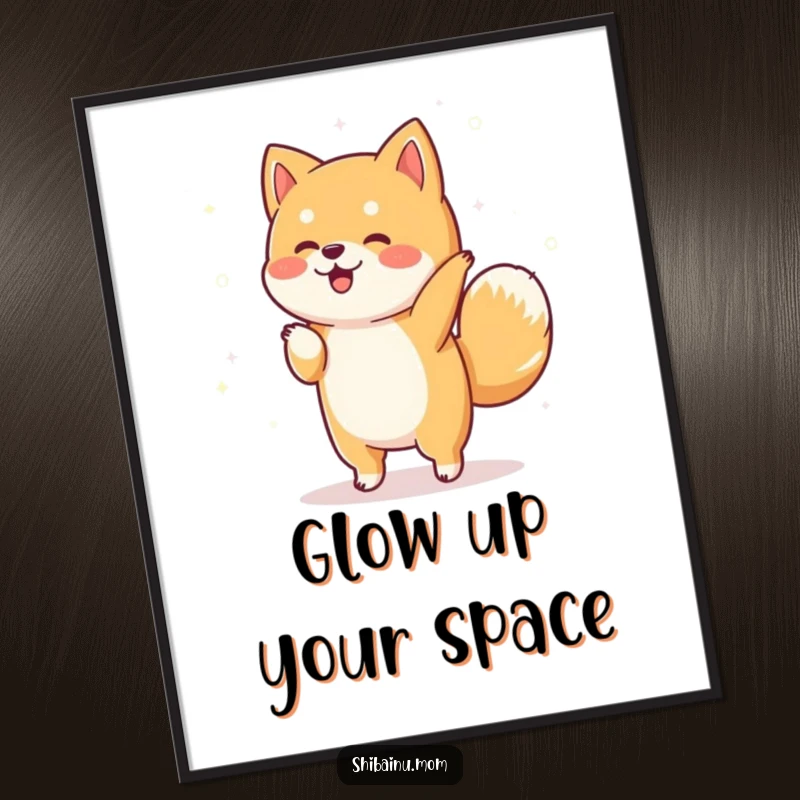 Funny Shiba Inu digital art print depicting a dog dancing joyfully with magical sparkles floating around, perfect for whimsical decor.