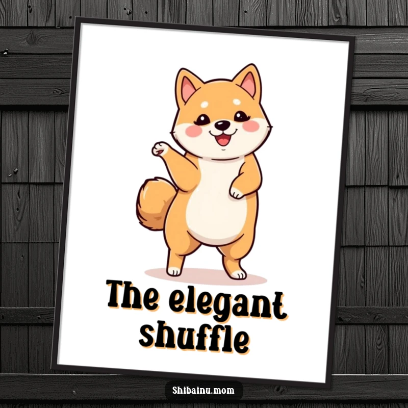 Funny digital art print of a Shiba Inu dancing with one leg lifted, offering instant, playful, and humorous wall decor.