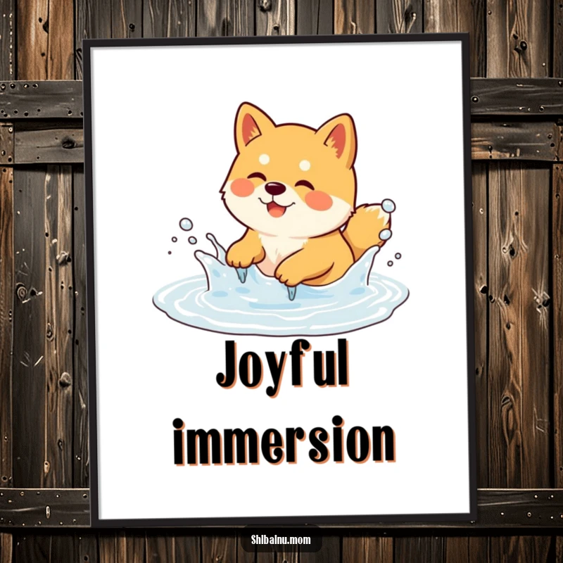 Funny Shiba Inu Digital Art Print of a dog playfully splashing in a bubbly puddle. Captures joy, a funny gift.
