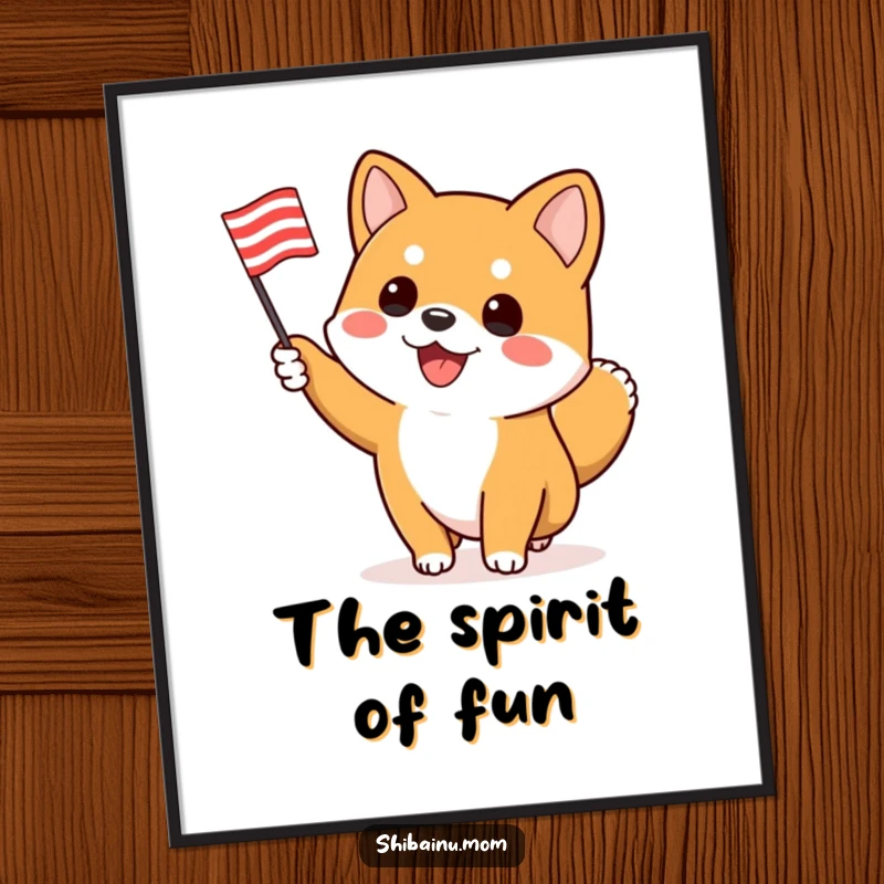 Funny Shiba Inu digital art print, an enthusiastic dog waves a striped flag, conveying spirited celebration and lively energy.